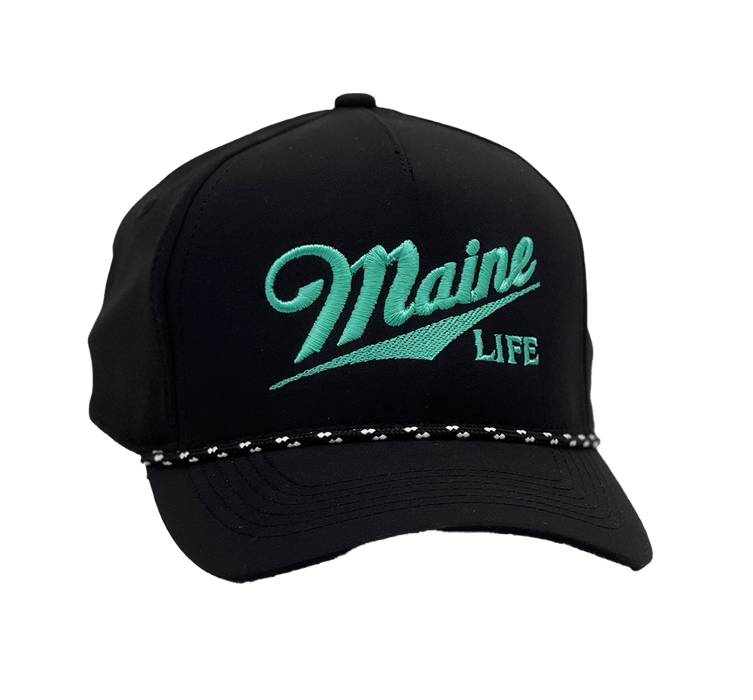 Performance 5-Panel Cap with visor cord in black color and MAINE LiFE Embroidered lettering