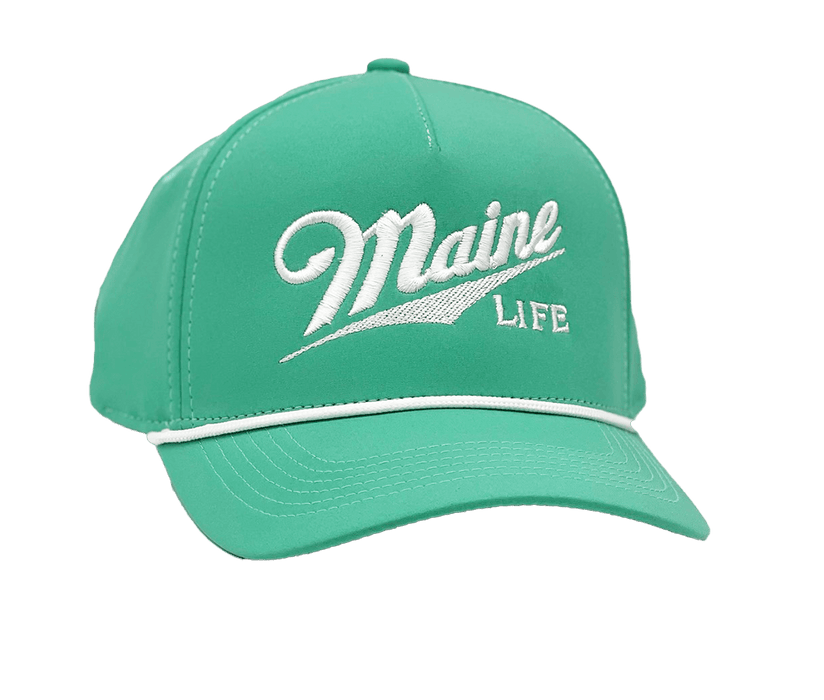 Performance 5-Panel Cap with visor cord in mint color and MAINE LiFE Embroidered lettering