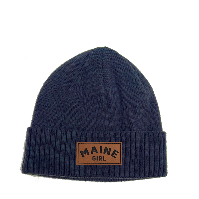 Maine Girl Leather Patch Rib Knit Beanie