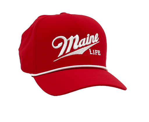 Performance 5-Panel Cap with visor cord in red color and MAINE LiFE Embroidered lettering
