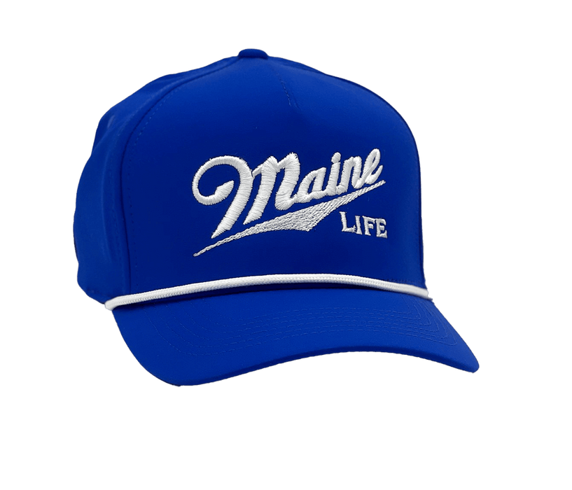 Performance 5-Panel Cap with visor cord in blue color and MAINE LiFE Embroidered lettering