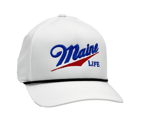 Performance 5-Panel Cap with visor cord in white color and MAINE LiFE Embroidered lettering