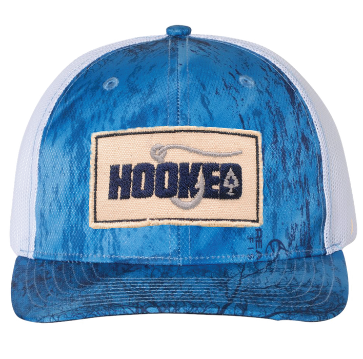 Hooked Frayed Patch Trucker Hat - Real Tree Light Blue/White